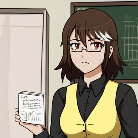 (anime), (illustration), cartoon, detailed, Lancerina,girl, square glasses, brown hair, black pants, gray hair, red eyes, yellow vest