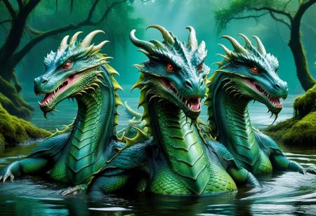 eerie swamp, hydra, three headed dragon, three necks on one body, shared body, wet, half submerged, glistening scales, (absurd res:1.2), (photorealistic:1.2), BREAK, (8k:1.0), (hi res:1.0), (masterpiece:1.0), (best quality:1.0), (realistic:1.2), (ph0t0x2:1.0), (vibrant colors:1.0)