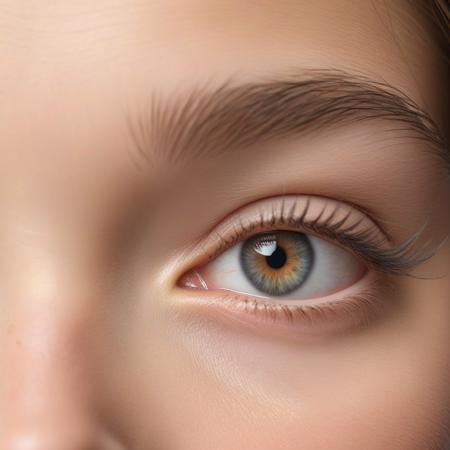 Focus intensely on the eyes of a young woman, showcasing intricate details like the fine lines of her iris and the natural sheen of moisture. Her eyelashes are long and natural, casting fine shadows on her skin. The surrounding skin texture, including fine pores and light under-eye creases, should be captured with hyper-realism.
