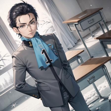 masterpiece, best quality, 1boy, looking at viewer,  <lora:Nanjo:1>, nanjop1, school uniform, blue ascot, glasses, snow, frozen, ice, classroom