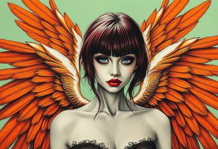 “A hauntingly beautiful fallen angel rendered in masterful ink technique on textured sepia paper, every stroke meticulously detailed with photorealistic precision. Her intense blue eyes pierce directly through the viewer, framed by soft burgundy hair with delicate bangs and smoldering dark eyeshadow. Deep crimson lips contrast against her ethereal features, while a modern crop-top adds an urban edge to her otherworldly presence. Magnificent orange-feathered wings spread behind her, each feather individually detailed with intricate ink work, while dramatic directional lighting casts compelling shadows across her form. The piece combines ethereal linework, gothic sensibilities, and detailed ink mastery, with ink splashes and drips adding organic texture to the composition while maintaining photorealistic precision in the central figure. Background is pastel green.”