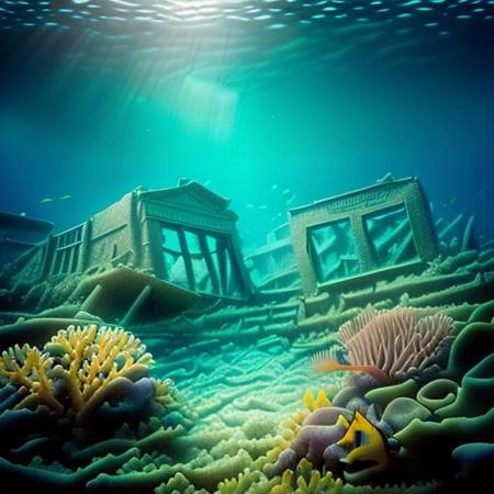 ((((hiperrealistic)))), ((((high quality)))), ((((underwater)))), ocean monument, (((ruined underwater city))), fishes, ((fish bank)), ((coral reef)), ((glowing beneath the waves)), UnSea