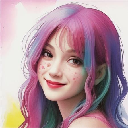 Pastel (multicolored). Ink Splotches.
Woman smiling
Very think splotches.