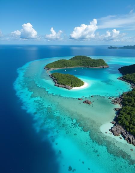 <lora:Nature_Flux:1> drone view of a tropical archipelago, crystal blue water, tropical vibes,