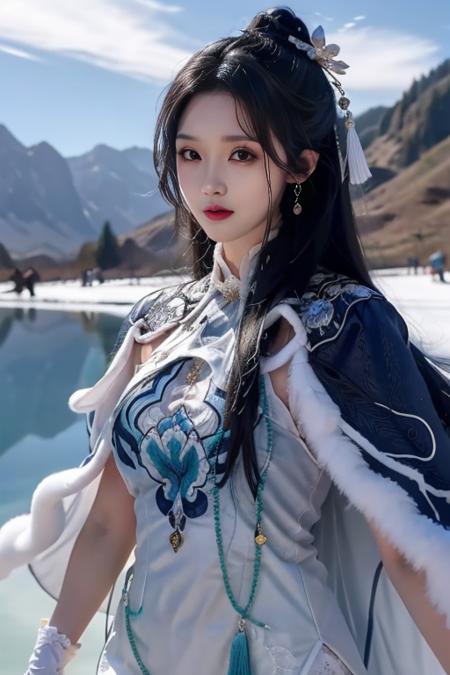 ltra-detailed,highly detailed,best quality,masterpiece,illustration,realistic,photorealistic,
guqinghan,cangyugezhu, 1girl, solo,
chinese clothes, china dress, blue dress,white lace trimgloves, fur trim, side slit, cape, shawl,
jewelry, earrings, tassel,
long hair, hair bun, hair ornament, hair flower,
looking at viewer, upper body, walking,
outdoors, winter, snow, flower,
<lora:guqinghan cangyugezhu_v1_04:0.7>