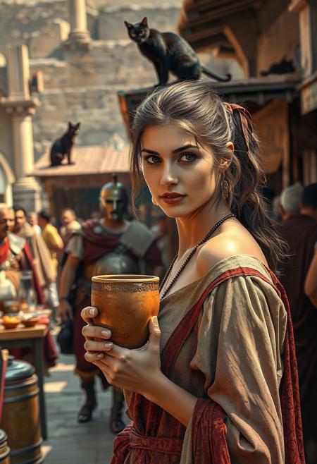 Setting is a 1st century Roman Empire market in Pompeii before Vesuvius destroyed it, the market is comprised of street vendors selling, food, weapons, and clothing. Everyone and everything in the image is appropriate for a scene from Ancient Rome, People wearing Roman clothing are walking through the street market shopping and eating, in the foreground is a merchant selling beverages and food at a market kiosk, (((a beautiful woman, 24 years old is standing in the foreground, the woman  facing the viewer with a clay goblet of wine in her hand. Her eyes are beautiful and focused on the viewer, she has an expression of interested curiosity))), Roman Soldiers are walking behind the beautiful woman, one of the solders turns to look at the beautiful woman, many people are walking by in the busy street market, the woman is dressed in high fashion Roman Empire clothing with an alluringly sexual, but traditional roman aesthetic. The woman's hair is elegantly tied up with a ribbon. Artistic ancient Roman aesthetic, dynamic perspective, (((overall architectural aesthetic is Ancient Pompeii in 1st Century Roman Empire era))).  Epic image that elicits a feeling of wonder and awe, a sleek black cat is visible sitting on a kiosk roof in the background,