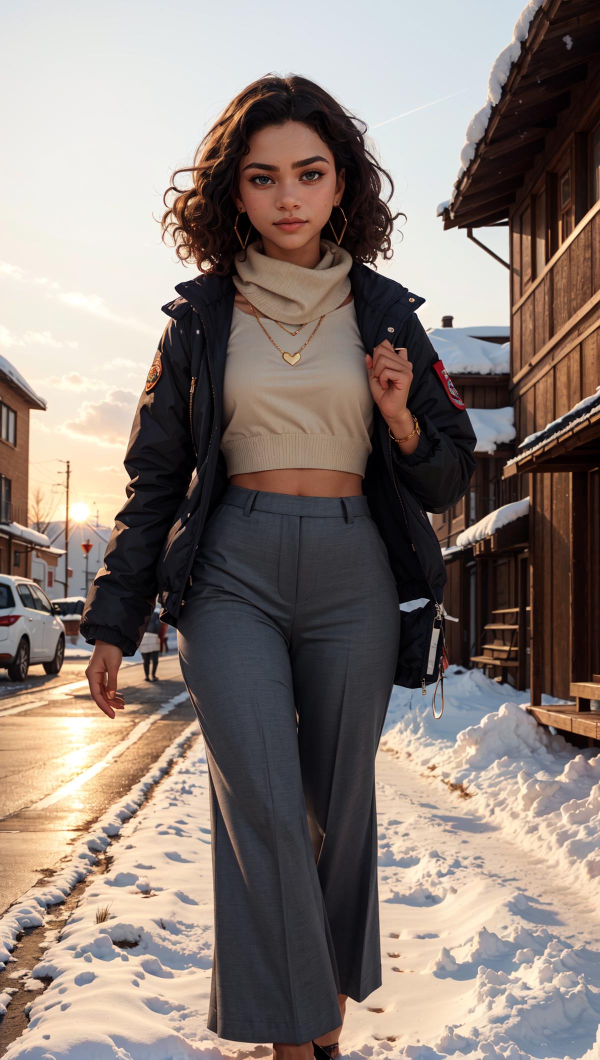 Woman Walking in Snow with Tan Sweater, Jeans, and Gold Chain Necklace