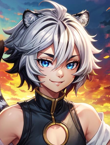 best quality, masterpiece, highres, detailed, digital illustration, <lora:Detail - add_detail:0.2>, FohlFayon, tiger boy, tiger tail, two-toned hair, white hair, black hair, tiger ears, jojo pose, <lora:Character - FohlFayon:0.8>, short hair, blue eyes, close-up, smile,