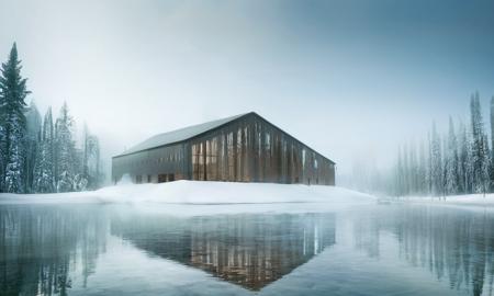 a building with a wooden roof sitting on top of a lake next to a forest covered in snow and fog, no humans, scenery, tree, outdoors, sky, reflection, bare tree, snow, fog, building, cloud, water, night, winter, forest, house. <lora:MIRstyle-v10:1>