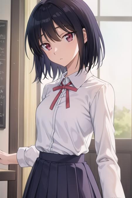 yakumotsukamoto, <lora:yakumo tsukamoto s2-lora-nochekaiser:1>,
yakumo tsukamoto, short hair, black hair, (red eyes:1.3),
BREAK skirt, shirt, long sleeves, bow, ribbon, school uniform, white shirt, pleated skirt, collared shirt, bowtie, red ribbon, neck ribbon, red skirt,
BREAK indoors, classroom,
BREAK looking at viewer, (cowboy shot:1.5),
BREAK <lyco:GoodHands-beta2:1>, (masterpiece:1.2), best quality, high resolution, unity 8k wallpaper, (illustration:0.8), (beautiful detailed eyes:1.6), extremely detailed face, perfect lighting, extremely detailed CG, (perfect hands, perfect anatomy),