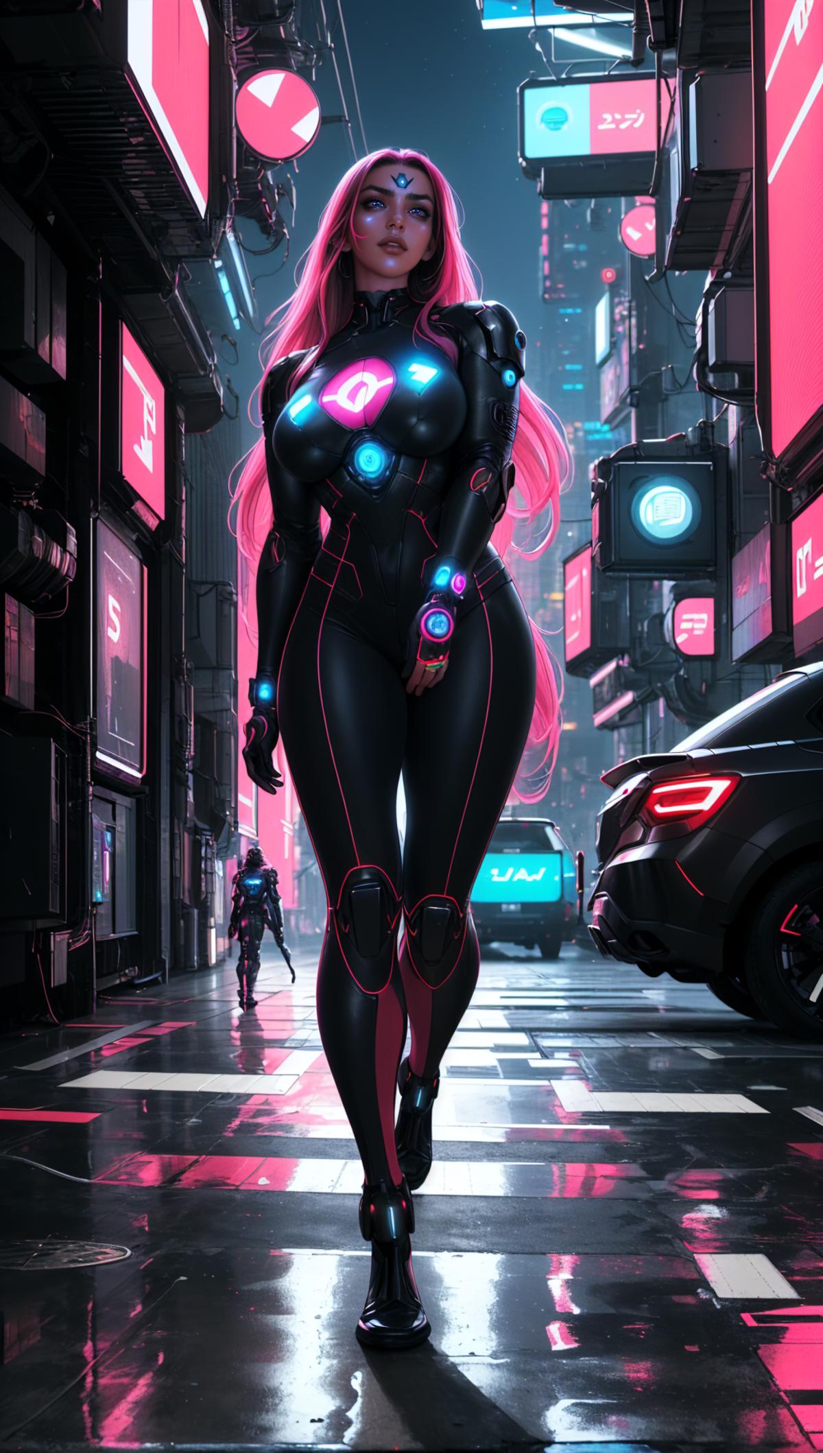 A Pink-Haired Woman with Red Eyes in a Futuristic Cityscape.