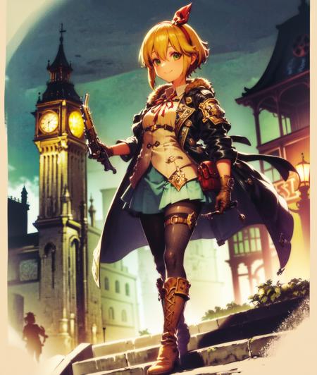 <lora:Liza2:0.9>, (best quality, masterpiece, highres:1.4), high quality, (A beautiful portrait of a girl standing on the roof in a steampunk city, she is wearing a steampunk victorian outfit,  bustling steampunk city in background, steampunk london in background, 1800s, 1800s city,  steampunk, :1.5), 
(1girl, skirt, short hair, green eyes, weapon, knife, blonde hair, card \(medium\), boots, solo, gloves, looking at viewer, holding, jacket, hairband, ribbon, dagger, knee boots, belt, pleated skirt, gun, coat, hair ribbon, jacket on shoulders, sword, bow, holding weapon, bag, star \(symbol\), dual wielding, lantern, outdoors, thigh strap, holster, red ribbon, standing, green skirt, building, hair bow, shirt, black jacket, thigh holster, holding knife, red hairband, blue skirt, miniskirt, black coat, closed mouth, white shirt, hair between eyes, castle, black gloves, brown footwear, long sleeves, smile, sheath, pouch, bangs, red bow, rifle, black footwear, open clothes, stairs,  collared shirt, holding gun, holding sword, long coat, brown gloves, tower, open jacket, belt pouch, chain, border, full body, leg belt, solo focus, pantyhose, dutch angle,:1.4)
light smile, 
,cygames, official art, granblue fantasy, shadowverse,   ((skindentation)), (full body:1.1),