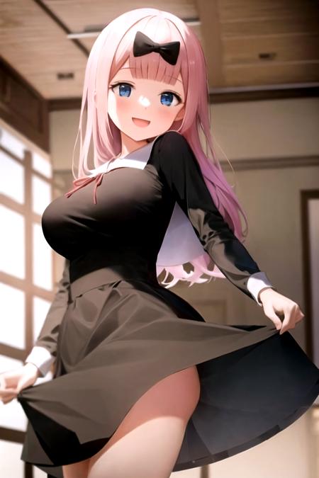 <lora:fujiwara_chika:0.9>, fujiwara_chika, shuuchiin_academy_school_uniform, long sleeves, black dress, masterpiece, best quality, finely detailed, distinct image, ultra resolution, ,, 1girl, looking_at_viewer, smile, open_mouth, house, face, hip focus, upskirt, ,