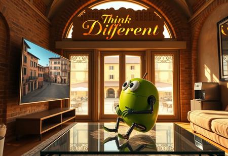 "In a stylish Italian apartment, an anthropomorphic green apple with expressive eyes, arms, and legs sits on a sleek glass coffee table, watching a high-tech OLED TV mounted seamlessly on the wall. The TV plays an Apple computer commercial in vivid 4K, featuring futuristic product designs. Warm sunlight filters through a large arched window, casting a golden glow over the room and revealing a picturesque piazza with cobblestone streets and terracotta rooftops.
The green apple leans forward, its eyes reflecting the vibrant colors on the screen. Subtle mechanical details in its limbs add a techy vibe to its organic form. Above the TV, a beautifully crafted cardboard sign reads 'Think Different!' in Renaissance-style calligraphy with a modern twist. The sign is laser-cut with intricate designs and backlit by soft LEDs, casting elegant shadows on the wall.
The room combines classic Italian charm with advanced technology. Exposed brick walls contrast with sleek digital art frames that rotate images in real-time. Hidden smart lighting adjusts to the scene, creating a dynamic atmosphere. A voice-activated espresso machine hums in the corner, filling the air with the rich scent of freshly brewed coffee. The glossy green apple, with its mix of organic and tech-inspired features, fits seamlessly into this blend of timeless Italian aesthetics and futuristic innovation."
