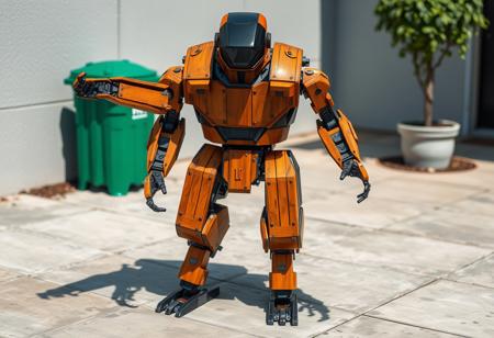 A large, imposing biorobot, meticulously constructed from textured wood and aged metal, dominates the center of the frame. Its body is a vibrant, multi-colored mix of orange and brown hues, contrasting sharply with its stark black head. Standing tall on a weathered concrete patio, its substantial form casts a dynamic shadow. The robot's arms are outstretched, poised as if ready for immediate action, while its legs are spread wide in a powerful stance of readiness. In the slightly blurred background, a vivid green trash can and a sturdy tree stand, adding elements of the ordinary to this extraordinary scene. The composition is impeccable, with the robot as the clear focal point, utilizing a creative angle and intentional focus. This is a high-res, 4K photographic render with Exceptional Quality and Lifelike Details. Super Detailed Face and Eyes, although a robot, show mechanical precision and detail. Handcrafted with Precision, High Quality, Contemporary Aesthetics, Impeccable Composition, Attractive Background, Balanced Editing, Well-timed Moment, Dynamic Action Pose, Captivating Lighting. CGSociety, Artstation Trending on ArtstationHQ. Golden Ratio applied. No text.