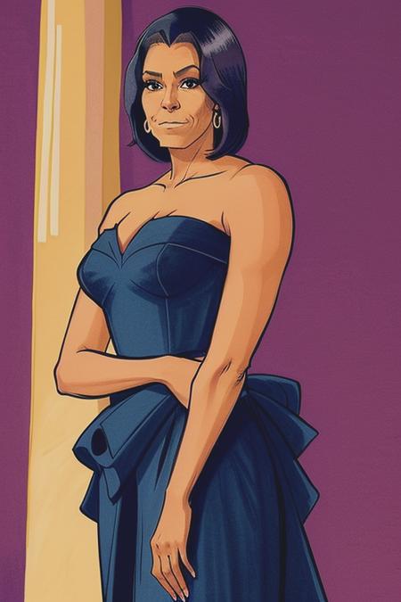 <lora:Winx_Men_V0:0.75> 1woman, w1nx_m6le9
(animation drawing with dark lines), colored, (from waist up), michelle obama, classy dress, face