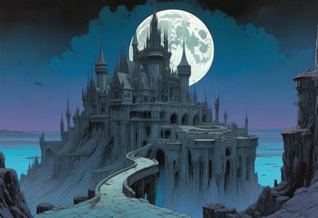 Landscape, Moebius (Jean Giraud) Style page, Gothic castle, night, full moon, dark fantasy, decrepit, elaborate architecture, dark, ominous