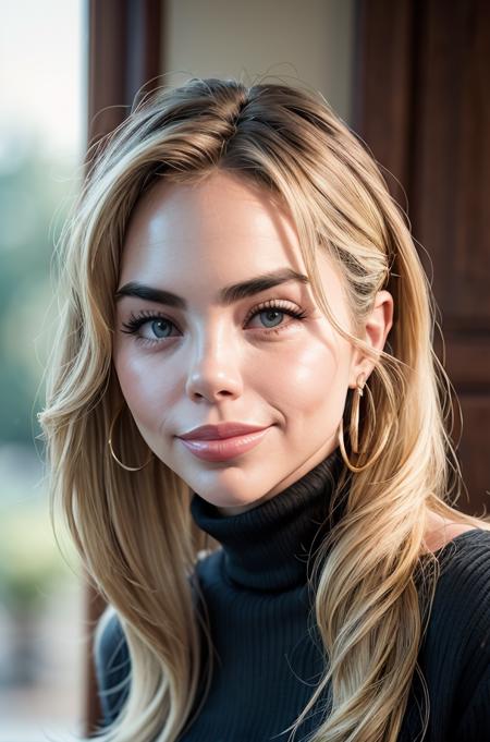 detailed and realistic portrait of beautiful (McKaylaM), sexy, 25yo, blonde_hair, blue_eyes, long_hair, closed_mouth, lips, smile, jewelry, wearing a black sweater turtleneck, looking_at_viewer, shot outside, soft natural lighting, portrait photography, magical photography, dramatic lighting, photo realism, ultra-detailed, intimate portrait composition, Leica 50mm, f1. 4,  <lora:add_detail:0.2>