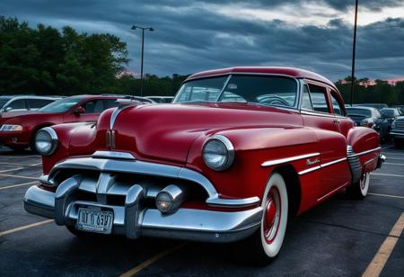 photo of a red Pontiac 1953 car parked in an empty parking lot, evening, cloudy, extremely detailed