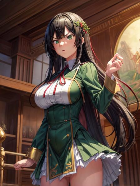 best quality, masterpiece, highres, detailed, <lora:Detail - add_detail:0.2>, digital illustration, ShinonomeSatsuki, long hair, black hair, green eyes, red hair ornament, green dress with white breast pouch, <lora:Character - ShinonomeSatsukiV2:0.8>, angry, serious, debating, standing at podium, layered dress,