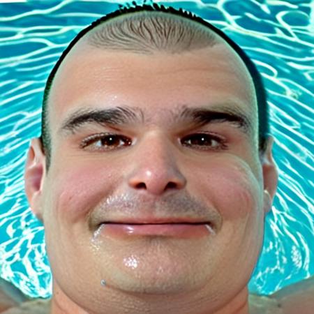 Joe Prena face, Joe Prena buzzed haircut, Joe Prena overweight Body, Joe Prena head, Joe Prena forehead, Joe Prena eye squinting, Joe Prena eyes squinting, Joe Prena nose, Joe Prena ear, Joe Prena ears, Joe Prena nose, Joe Prena facial hair shaved, Joe Prena cheek, Joe Prena cheeks, Joe Prena closed mouth, Joe Prena closed lips, Joe Prena chin, Joe Prena neck, Joe Prena light skin, Joe Prena textured skin, Joe Prena upper lip, Joe Prena lower lip Joe Prena cheek, Joe Prena cheeks, Joe Prena realistic face, Joe Prena detailed skin, hazel green brown eyes, hazel brown green eyes, Caucasian, Caucasian male, Caucasian man, short brown hair, balding, thick dark eyebrows, shaved facial hair, closed mouth, 1Man, Man, 1Boy, Boy, face, head, male focus, white guy, shaved face, shaved, looking at viewer, white guy, Joe Prena head looking at viewer, Joe Prena looking at viewer, Joe Prena swimming in a pool, only his head and upper body visible above the water, smiling slightly, the water is clear and blue with gentle ripples and reflections, sunlight creating dynamic lighting and highlights on the water surface, detailed texture on the skin, detailed water droplets, high resolution environment, visually stunning, vibrant colors, lifelike rendering, peaceful and relaxed summer day,<lora:Joe_Prena:2>