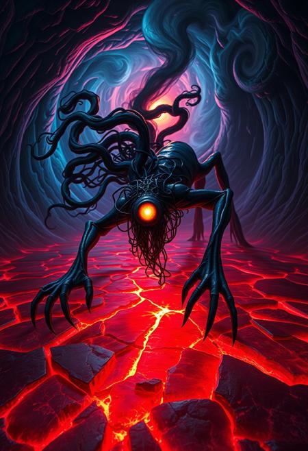 twisted, elongated creature with sharp, sinewy limbs and clawed hands crawling across a glowing, fractured red and black ground, its body made of intricate, web-like tendrils resembling tangled roots; the creature's shadowy face features a glowing, singular circular eye that pulses faintly with light, surrounded by flowing dark masses resembling smoke or hair. The background swirls with chaotic fractal patterns in deep blues, purples, and fiery reds, resembling a warped, nightmarish tunnel. The scene is lit with harsh, neon-like lighting, casting sharp contrasts and reflections on the creature’s body and the jagged surface beneath, with an otherworldly glow emanating from the tunnel's fiery center. High contrast, sharp details, and eerie, swirling textures dominate the surreal composition.