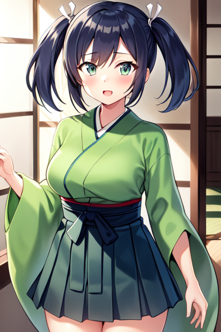 souryuuKC, twintails, hair ribbon, kimono, hakama short skirt, green kimono, green hakam