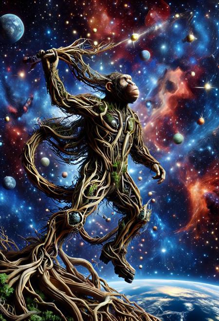 PG-TR, masterpiece, detailed, highly detailed,
masterpiece, best quality, absurdres,morph-treeroots,
An anthropomorphic chimpanzee wearing a spacesuit made of roots, floating in space, cosmic background, the scene is a surreal and slightly absurd depiction of the triumph of nature over the hubris of mankind.