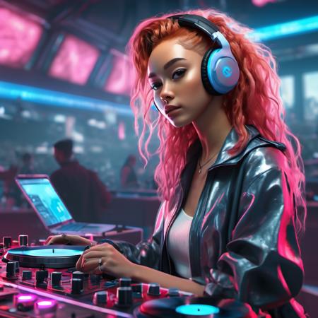 <lora:savannahlarain_xl_lora:1> savannahlarain masterpiece, concept art, highly detailed, (pink and blue color pallete), mid shot, centered, dynamic angle, 1girl, cyberpunk theme, stylish, stylish hair, red hair, DJ, DJ controller, Music Concert, Cafe background, Volumetric lighting, depth of field, focused shot, (epic composition, epic proportion), Award winning, HD