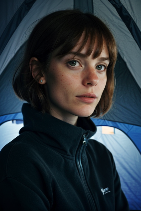 OlimpiaDomenici, portrait, photography by (Jeanloup Sieff:1.3), ((sitting inside camping tent, flashlight glow, fleece top)), blue light, modelshoot, pose, (closeup on upper body:1.3), (night, dark, dark photo, grainy, dimly lit), editorial photograph, film grain, depth of field, analog film style, vivid color, looking at viewer, ((chiaroscuro, emotional impact, vivid, strong contrasts, stylized lighting, movie screenshot, colored gels, gritty, movie still, fog, cold)), ultrarealistic, noise