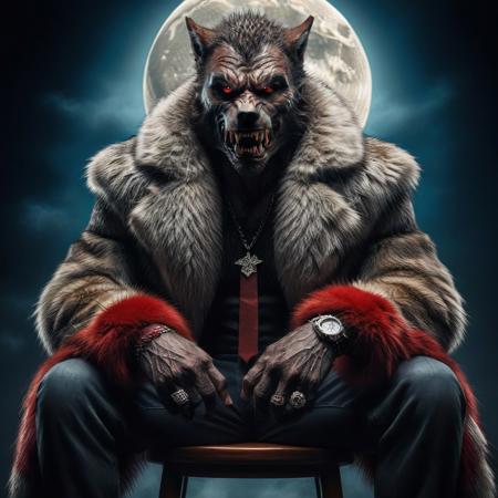 Detailed werewolf with red eyes , furcoat, moon in the background, sitting in a chair, evang, detailed face, detailed hair