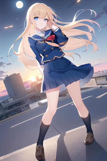 full body,
tareme,
big eyes,
(shining) eyes,
inviting face,
(high detailed school uniform:1.2),
band of light,
(wind:1.4),
anime,
realistic,
high detailed eyes,
perfect anatomy,
(masterpiece,
best quality,
high detailed:1.4),
8k,
cg.
wallpaper,
(blue sunset:1.4),
(moon:1.2),
1girl,
solo,
chests lift,
looking at viewer,
(top of the building:1.2)