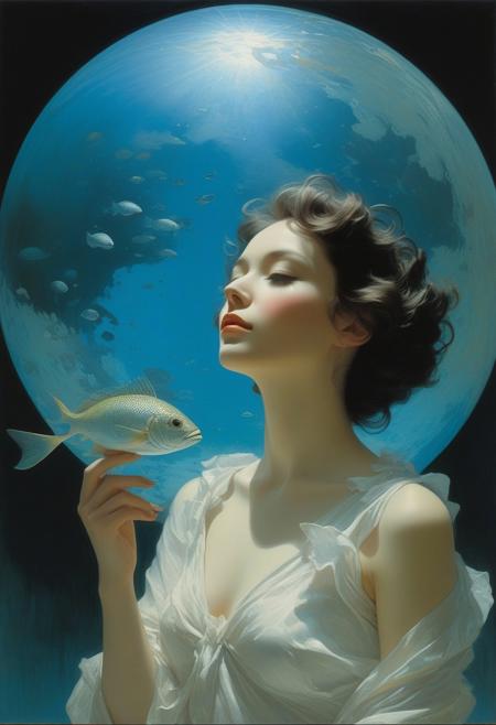 Curiosity, fascination, phosphorescence Artists: Mann, Gammell, Kley, Goldin, Gerome, Quentin Blake, Damien Hirst, Hajime Sorayama, Anne Bachelier, Gibson, Rockwell, Seagrave, Alberto Vargas, N.C. Wyeth, beksinski, Parrish Style: American Realism Color Palette: warm Vibrant, Parrish blue Techniques: impasto Details: idyllic, innocence, fractalize, seductive, voluptuous