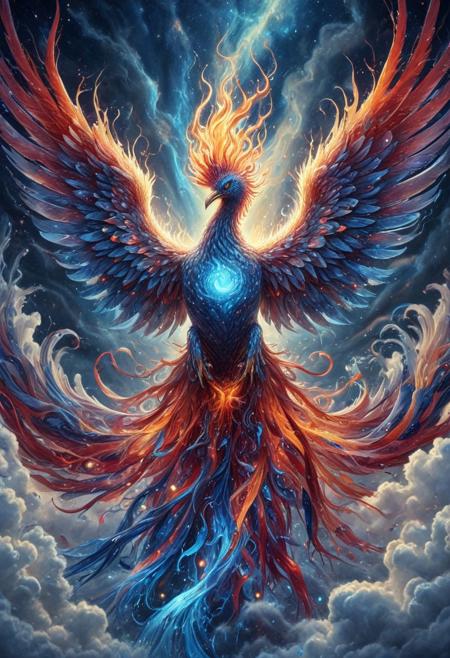 celestial marble phoenix Made of CosmicStyle, flying through liquid sky, clouds melting into ribbons of color, fluid scales shimmering with white blue and red hues, glowing eyes, dynamic wings of flowing liquid, painterly lighting, vast fantasy environment, surreal atmosphere, highly detailed, magical realism, CosmicStyle