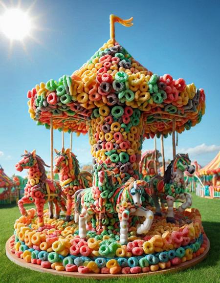 A carnival carousel with horses and decorations made of fruit loops, spinning under a sunny sky. <lora:FruitLoopStyle:1>
