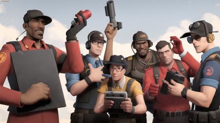 tf2mercs, tf2scout, tf2soldier, tf2pyro, tf2demoman, tf2heavy, tf2engineer, tf2medic, tf2sniper, tf2spy, red, 9boys, group photo, <lora:tf2mercs:0.6>