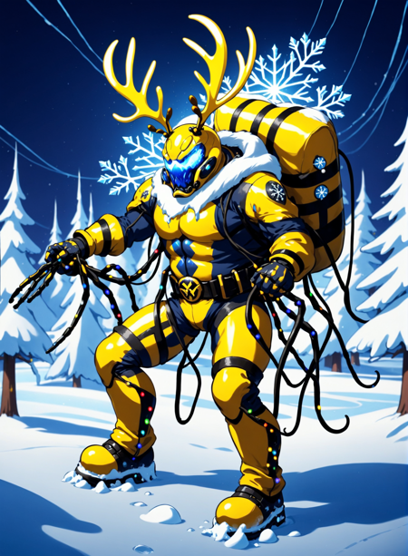 A psychotic cyborg yellow jacket mistletoe eating santa covered in christmas lights in the middle of the frozen siberian tundra, blue flames,electrical wires, internet theme