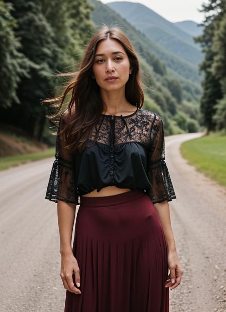 A stunning intricate color close up portrait of (sks woman:1) , wearing Lace top and maxi skirt, epic character composition, sharp focus, natural lighting, subsurface scattering, f2, 35mm, film grain, , by Annie Leibovitz, <lora:lora-small-myleene-klass-v1:1>