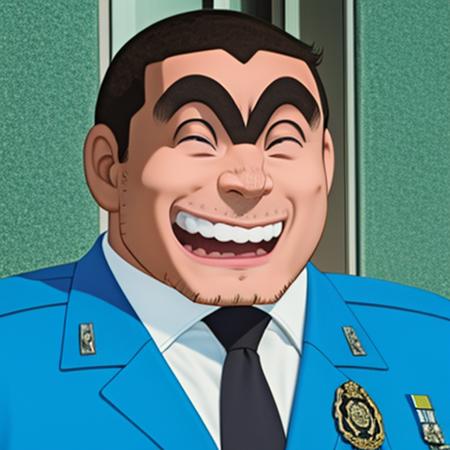 k4nk1ch1 man, <lora:k4nk1ch1 -000059:0.9>  grin, police uniform, black eyes, thick eyebrow