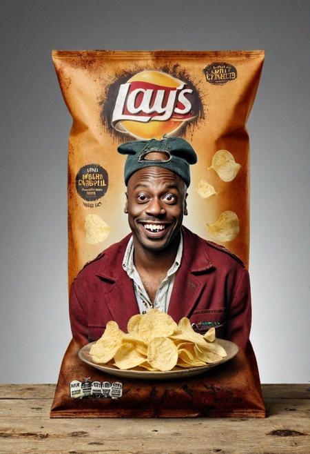 Portrait, studio photograph,  of Tyrone Biggums, funny crack addict from Chappelle Show, Dave Chapelle, Chapelle Dave comedian, Portrait studio comedy photograph of Tyrone Biggums, zany emaciated crack addict from Chappelle Show, jovially clutching single crumpled bag of Lay's potato chips customized to clearly display "Euro Crack" flavor text, wacky exaggerated expression of manic glee, meth-addled twitchy mannerisms played for laughs, wild bugged-out eyes, oversized ill-fitting tattered red coat, dingy white tank top askew, ripped baggy jeans, untied scuffed boots, stringy unkempt greasy hair sticking out, sunken cheeks and hollowed features amplified to humorous effect, yellowed rotting teeth bared in a crazed grin, overgrown scraggly beard, photorealistic lighting of professional brand studio highlighting hilarious disheveled appearance, jgermeister liquor bottle used as prop, 4k uhd resolution, masterpiece quality portrait capturing satirical hilarity