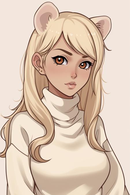 ferret woman, ferret ears, blonde, gyaru, turtleneck sweater, tan,