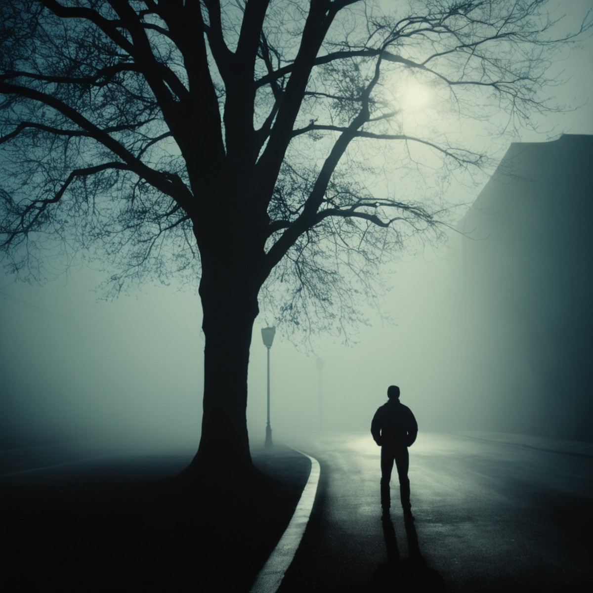 cinematic film still of  <lora:silhouette style v2:1>
A silhouette photo of a man standing in the middle of a foggy street...