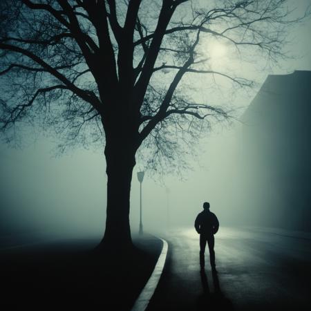 cinematic film still of  <lora:silhouette style v2:1>
A silhouette photo of a man standing in the middle of a foggy street,solo,1boy,standing,monochrome,male focus,outdoors,sky,cloud,from behind,tree,cloudy sky,ground vehicle,building,scenery,silhouette,dark different shadow patterns, different shadows, cinematic, filmic, different colors, creative cinematography, covered in shadow, perfect shadow, detailed shadow, detailed background, detailed environment, award winning cinematography, casting shadow, film contrast, film saturation, high quality, 8k, silhouette style, shallow depth of field, vignette, highly detailed, high budget, bokeh, cinemascope, moody, epic, gorgeous, film grain, grainy