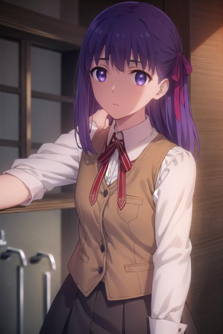 sakuramatou, <lora:sakura matou ubw-lora-nochekaiser:1>,
sakura matou, long hair, (purple eyes:1.1), purple hair, ribbon, hair ribbon, red ribbon,
BREAK shirt, white shirt, collared shirt, long sleeves, neckertie, red neckertie, vest, light brown vest, skirt, black skirt,
BREAK indoors,
BREAK looking at viewer, (cowboy shot:1.5),
BREAK <lyco:GoodHands-beta2:1>, (masterpiece:1.2), best quality, high resolution, unity 8k wallpaper, (illustration:0.8), (beautiful detailed eyes:1.6), extremely detailed face, perfect lighting, extremely detailed CG, (perfect hands, perfect anatomy),