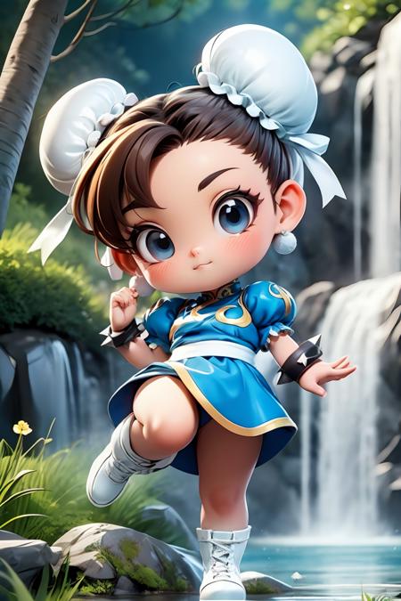 chibi, masterpiece, best quality, original, official art,((glossy eyes)),Cute,full body,1girl, sf2cl, hair buns, blue chinese dress, double bun hairstyles, white belt, brown leggings, long white boots, at the mountains, waterfall, trees, puffy sleeves, spiked bracelets, thick leg,perfect face, perfect picture,  <lora:SF2CL-stasis:0.8>, <lora:GoodHands-beta2:1>, Unreal Engine, cartoon rendering,