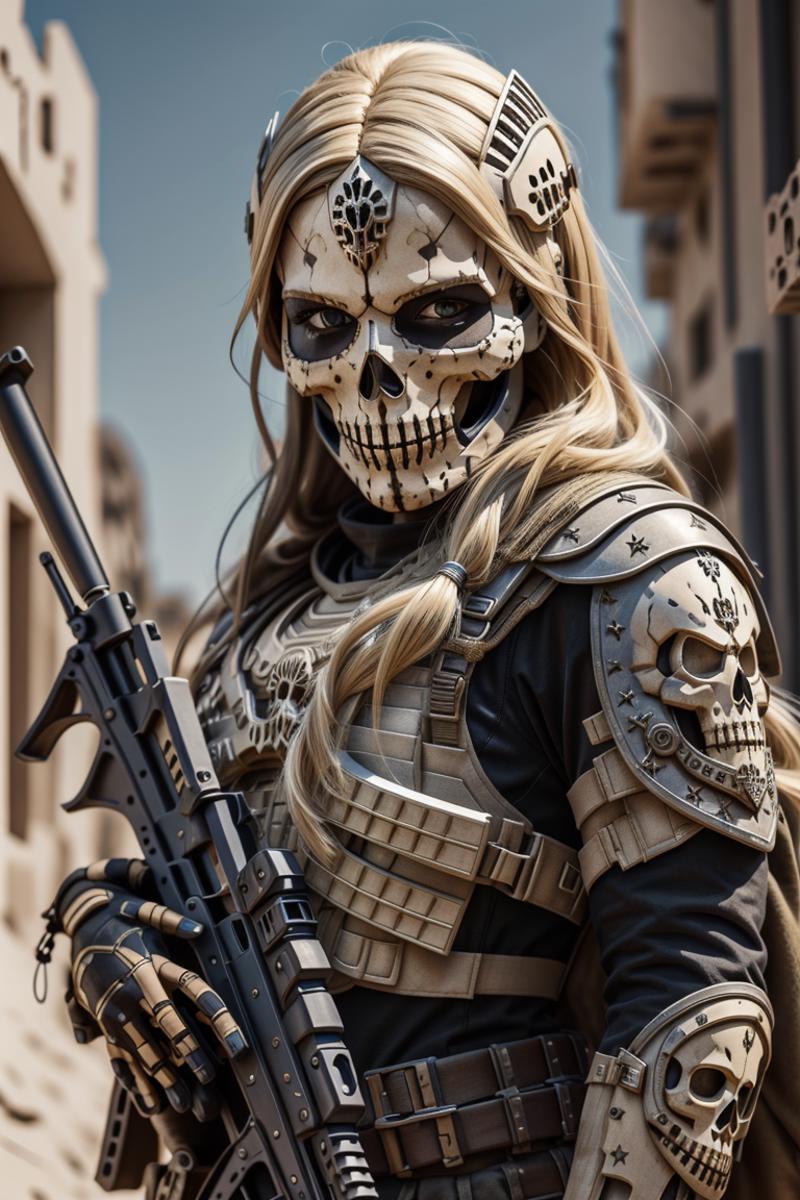 A person in a skull mask holding a gun.