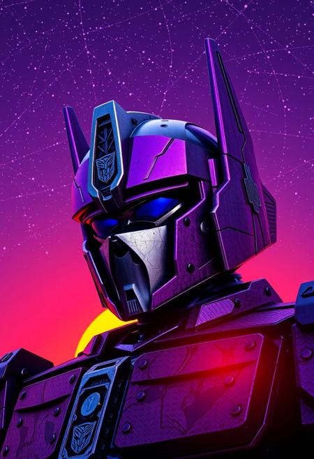 Purple and black Optimus Prime cowboy shot photograph with a purple sky, cosmic stars, an orange and blue synthwave sun background. Slightly turned. Damascus steel. Ultra-detailed. Hyper-realistic.