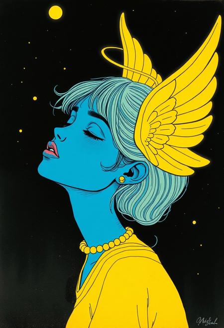 a blue girl with gold angel halo head, whimsical acid nightmare psychedelic LSD melted by moebius and frank miller in the style of neon realism, darkly romantic illustrations, dark white and yellow, solar punk, I can't believe how beautiful this is, simplistic cartoon, brooding mood