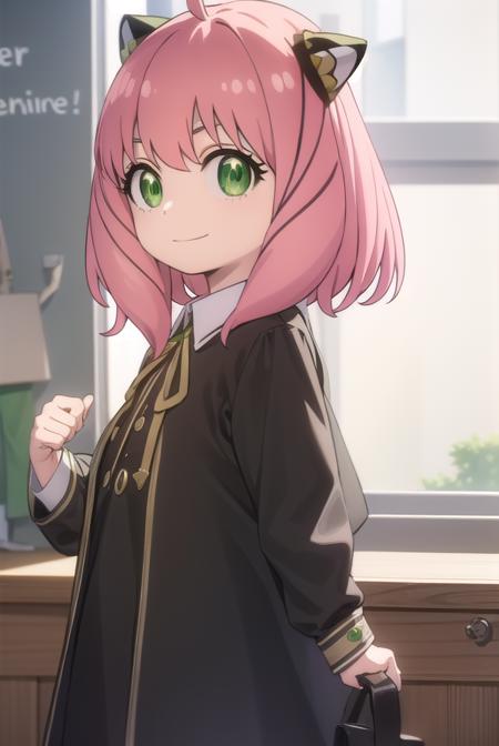 anyaforger, <lora:anya forger s1-lora-nochekaiser:1>,
anya forger, bangs, (green eyes:1.5), pink hair, ahoge, hair ornament, smile, child, female child,
BREAK long sleeves, dress, school uniform, socks, black dress, eden academy school uniform,
BREAK indoors, classroom,
BREAK looking at viewer, (cowboy shot:1.5),
BREAK <lyco:GoodHands-beta2:1>, (masterpiece:1.2), best quality, high resolution, unity 8k wallpaper, (illustration:0.8), (beautiful detailed eyes:1.6), extremely detailed face, perfect lighting, extremely detailed CG, (perfect hands, perfect anatomy),