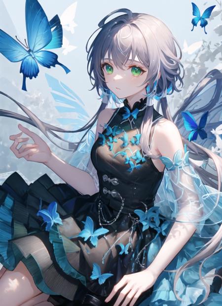 ((masterpiece)), (((best quality))), ((extremely detailed)), colorful, hdr, 1girl, solo, <lora:xiachongtest:1>, upper body, grey hair,green eye, luotianyi (xiachong),xiachong, black and purple dress, (blue butterfly), white butterfly wings